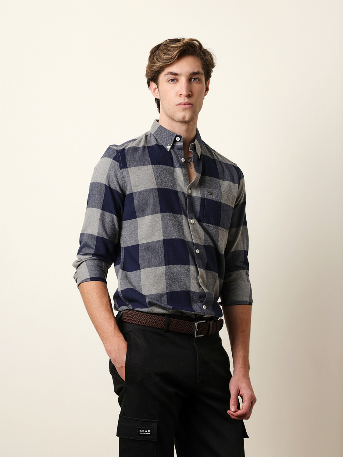 Image of THE BEAR HOUSE Men Checkered Casual Blue Shirt