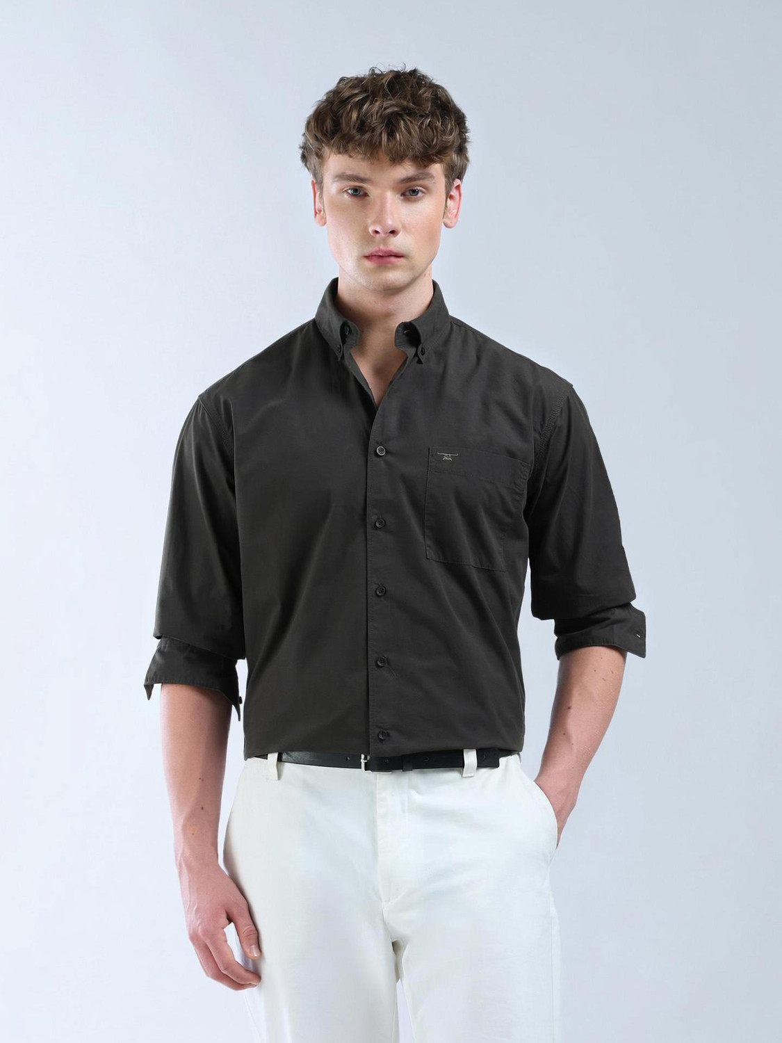Image of FLYING MACHINE Men Solid Casual Black Shirt