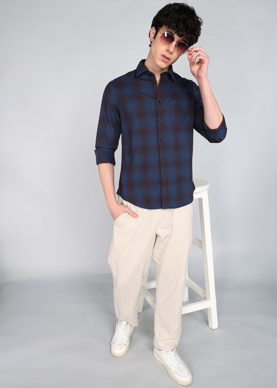 Image of FLYING MACHINE Men Checkered Casual Blue Shirt