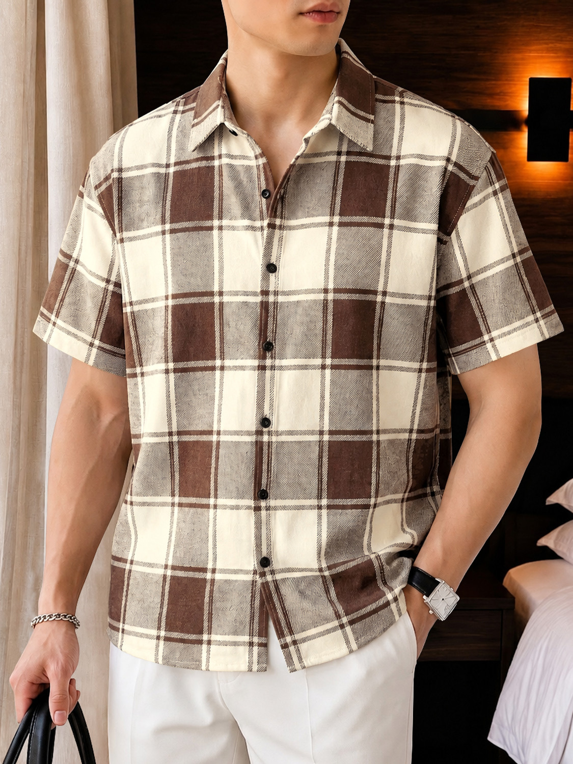 Image of EyeBogler Men Checkered Casual Beige, Brown Shirt