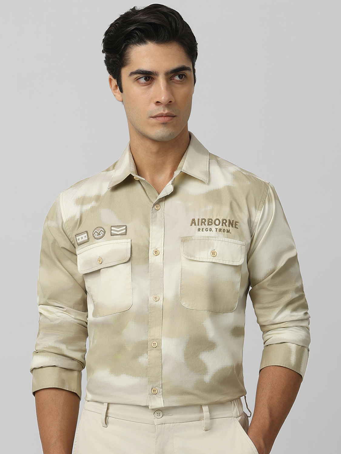 Image of MUFTI Men Printed Casual Beige Shirt