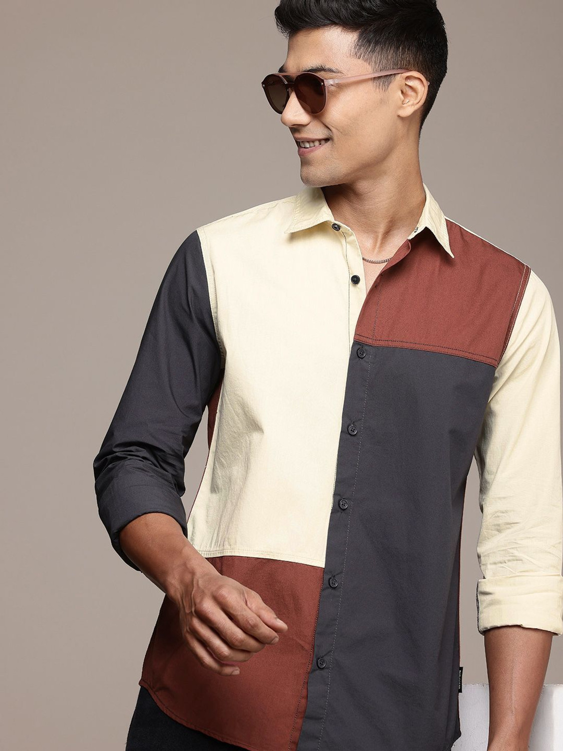 Image of WROGN Men Color Block Casual White Shirt