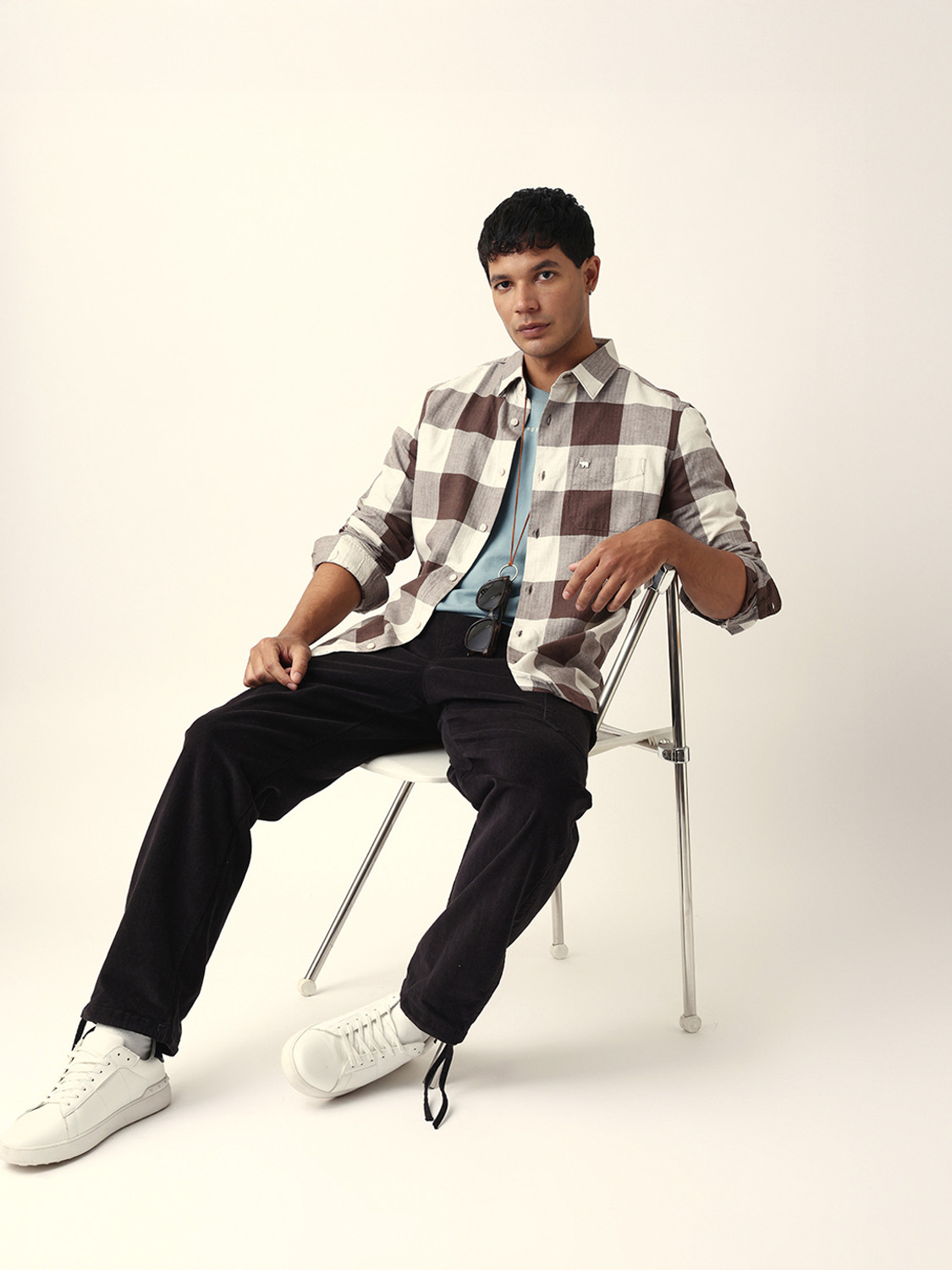 Image of THE BEAR HOUSE Men Checkered Casual Brown Shirt
