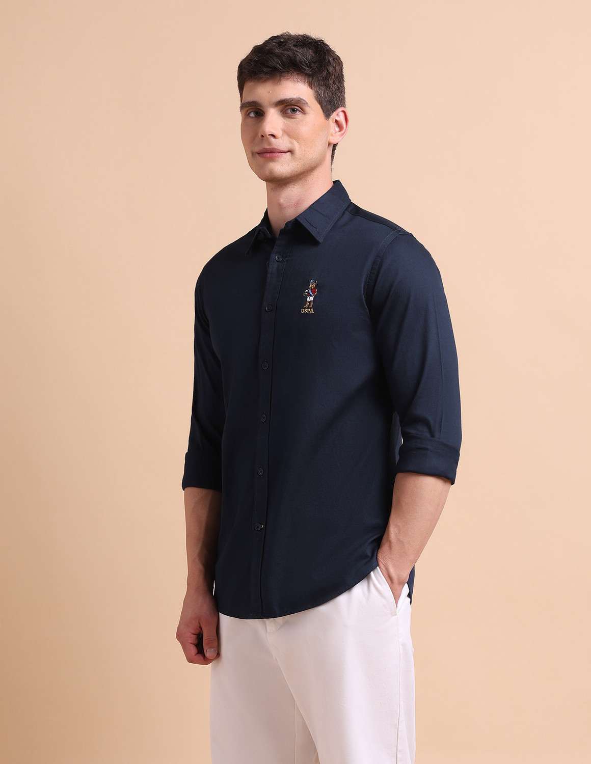 Image of U.S. POLO ASSN. Men Solid Casual Blue Shirt