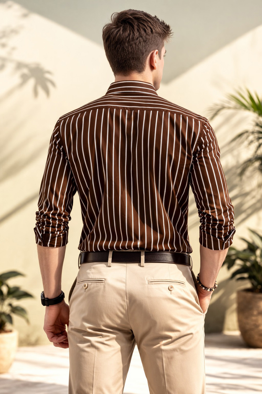 Image of FUBAR Men Striped Casual Brown Shirt