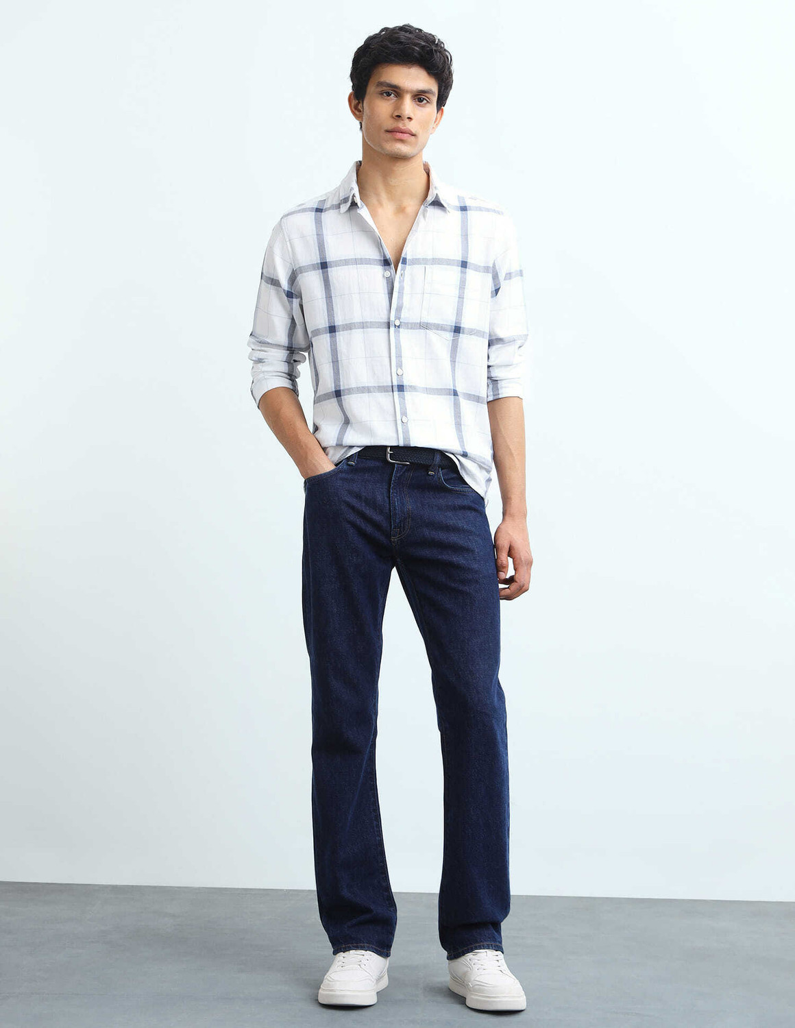 Image of FLYING MACHINE Men Checkered Casual White Shirt