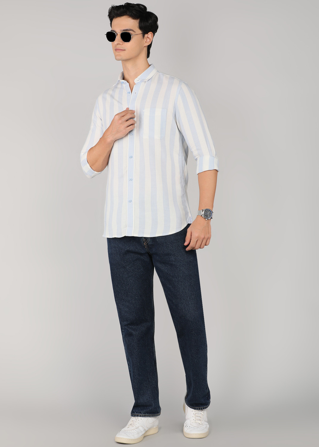 Image of LAWMAN Men Striped Casual Light Blue Shirt
