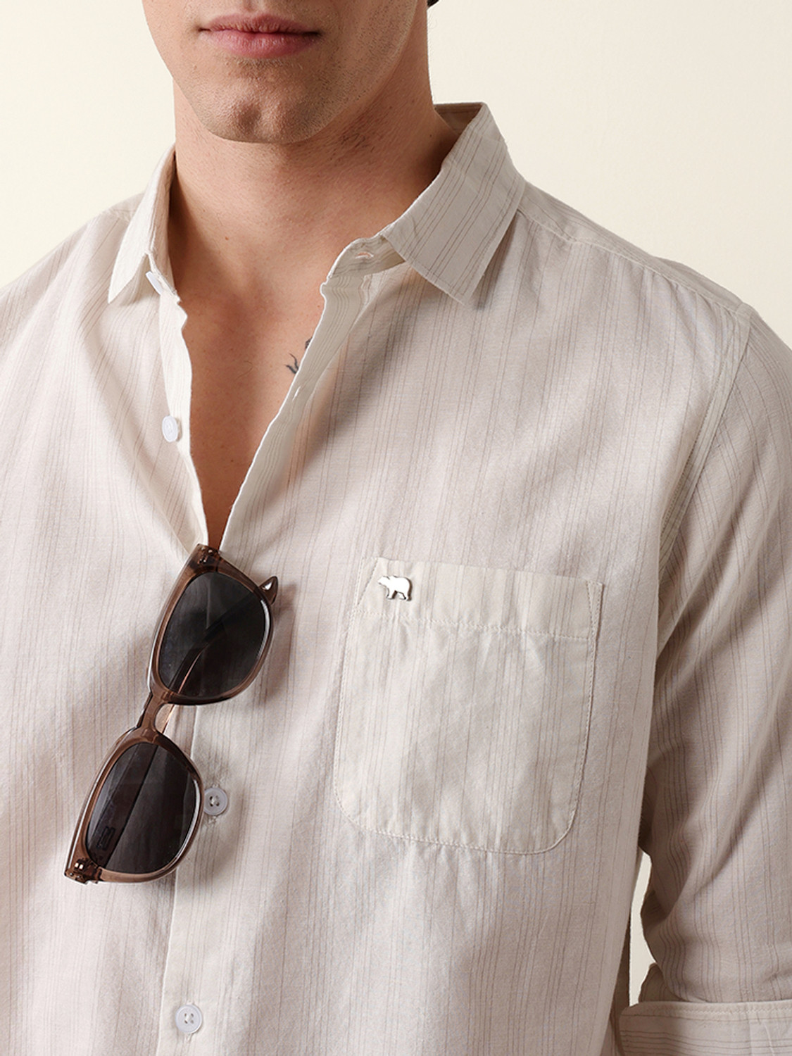 Image of THE BEAR HOUSE Men Striped Casual Beige Shirt