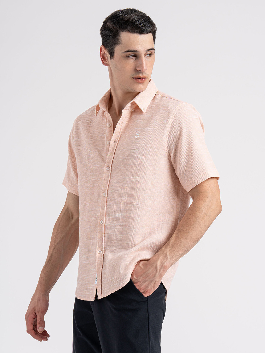 Image of RED TAPE Men Self Design Formal Pink Shirt