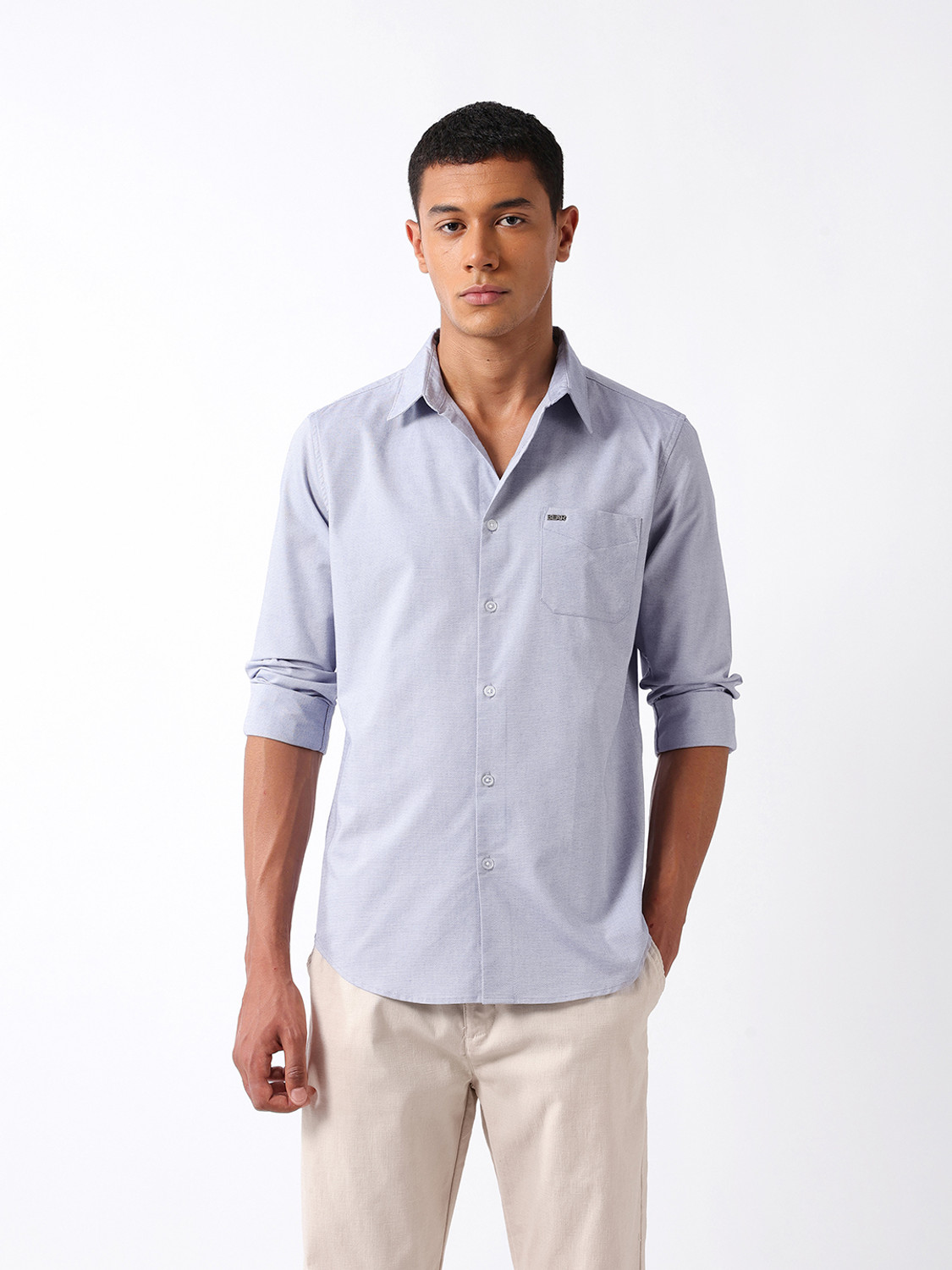 Image of THE BEAR HOUSE Men Solid Casual Blue Shirt
