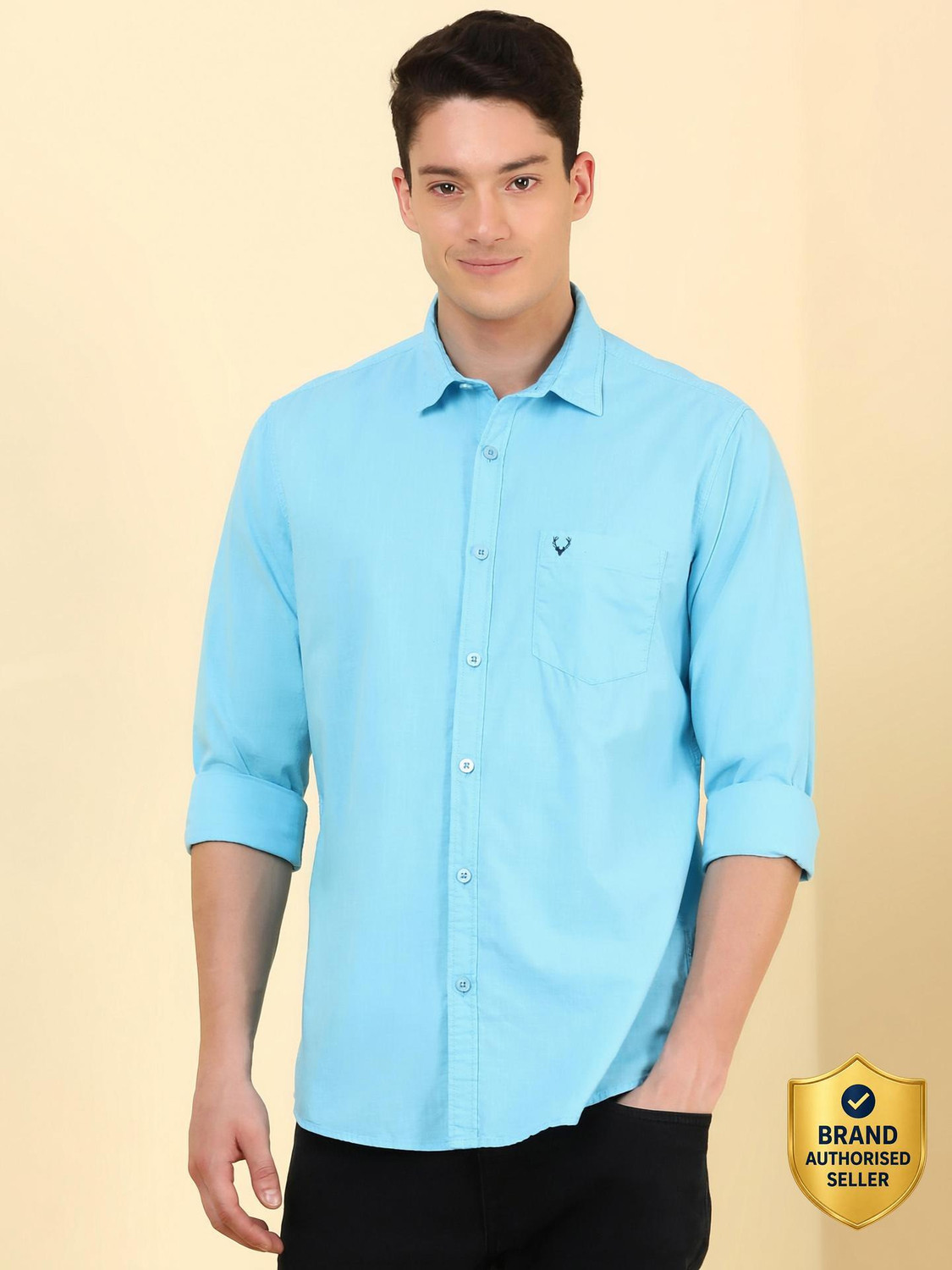 Image of Allen Solly Men Solid Casual Blue Shirt