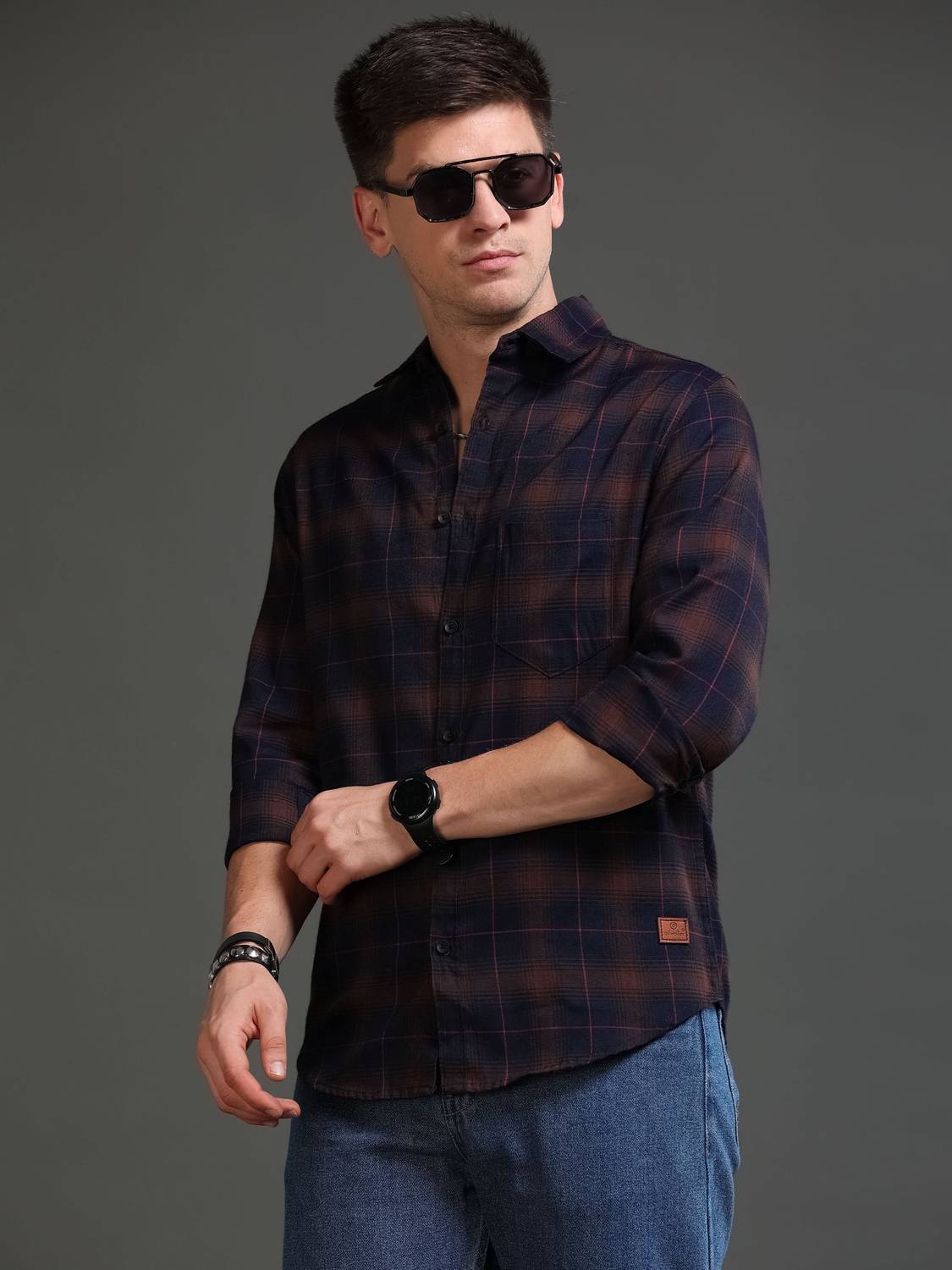 tallwalker Men Checkered Casual Brown, Blue Shirt - Image 1
