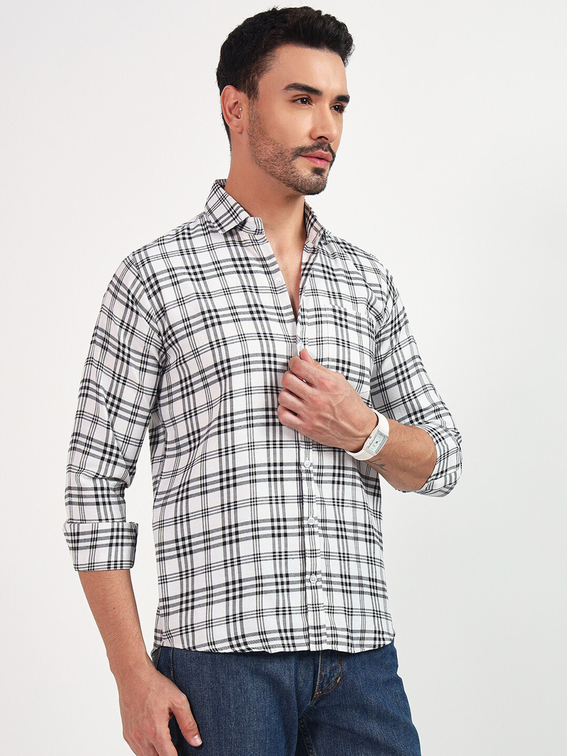 Image of youth first Men Checkered Casual White, Blue Shirt