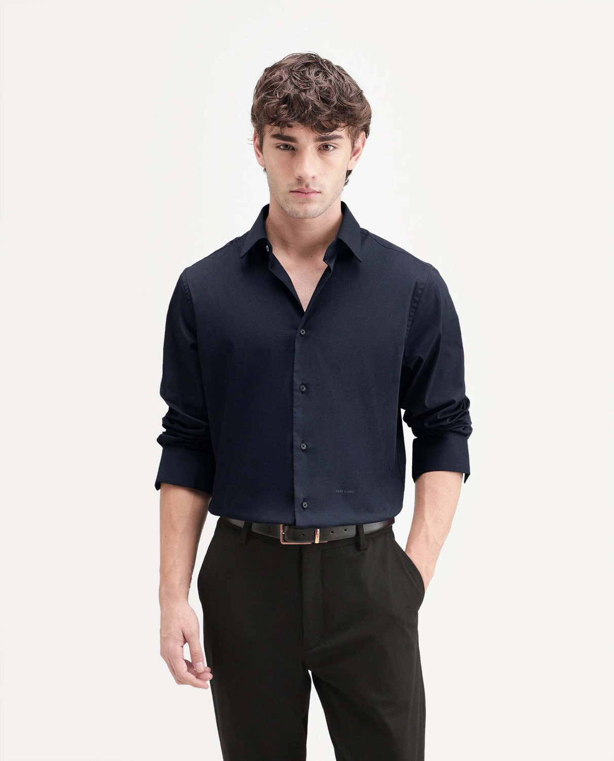 Image of RARE RABBIT Men Solid Casual Dark Blue Shirt