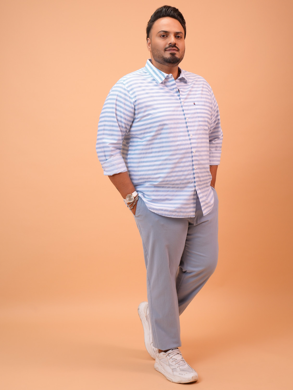 Image of HIGHLANDER Men Striped Casual White Shirt