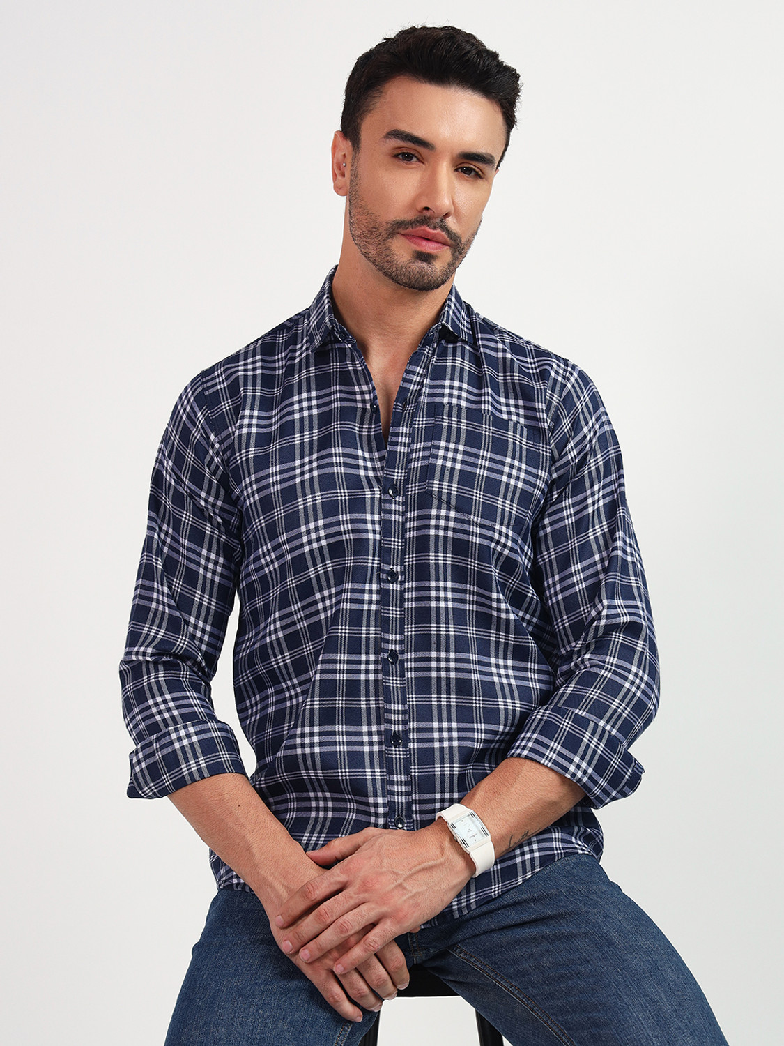 Image of youth first Men Checkered Casual Black, Blue, White Shirt