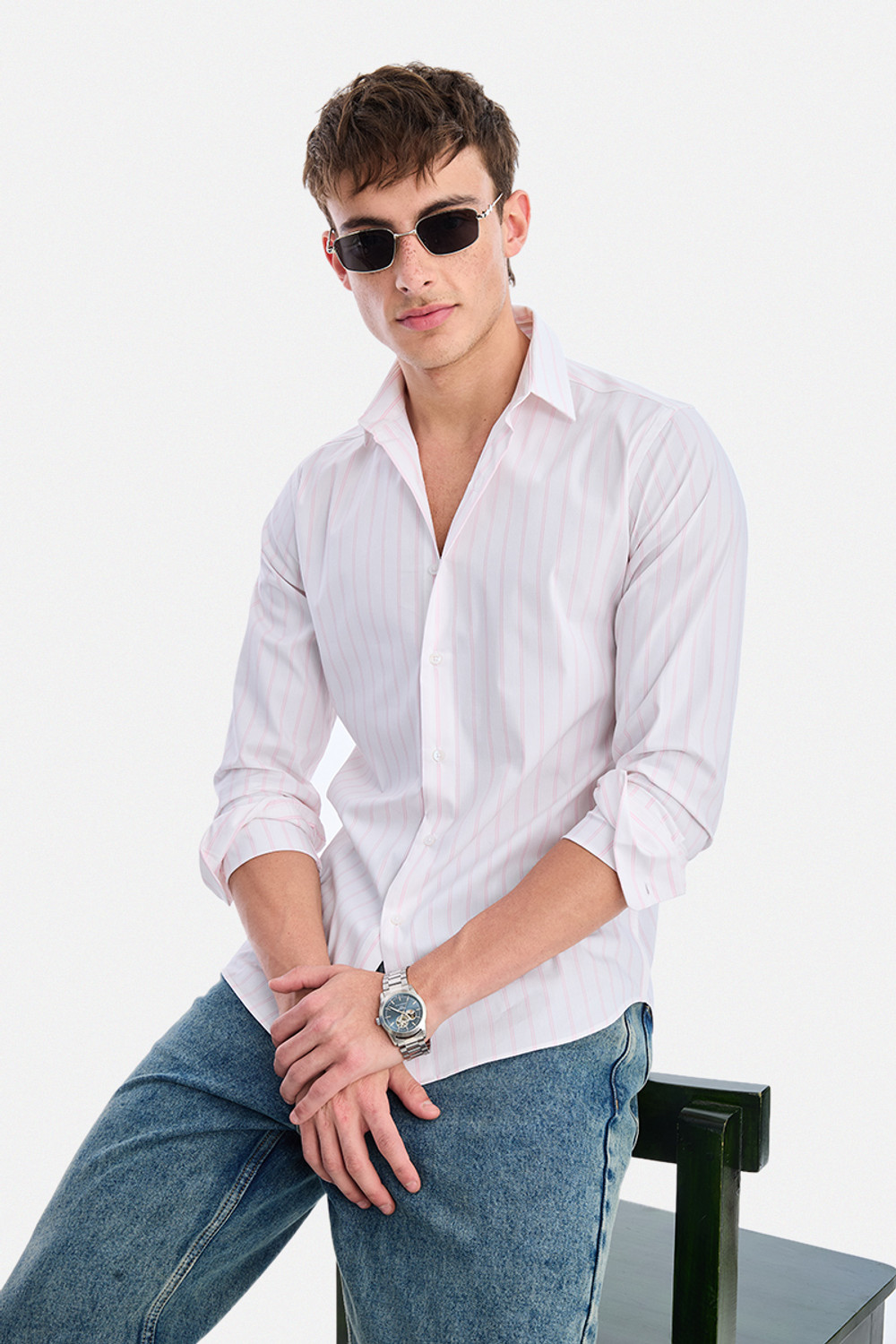 Image of Snitch Men Striped Casual White Shirt