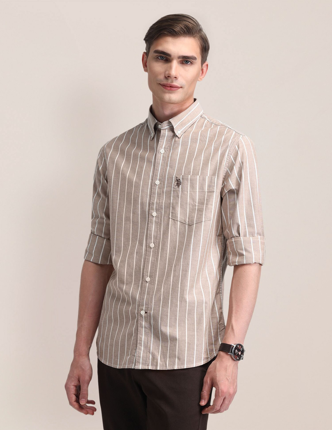 Image of U.S. POLO ASSN. Men Striped Formal Brown Shirt