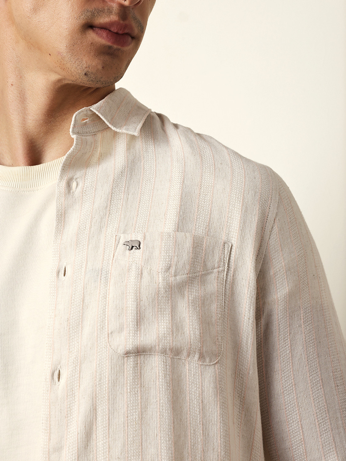 Image of THE BEAR HOUSE Men Striped Casual Cream Shirt