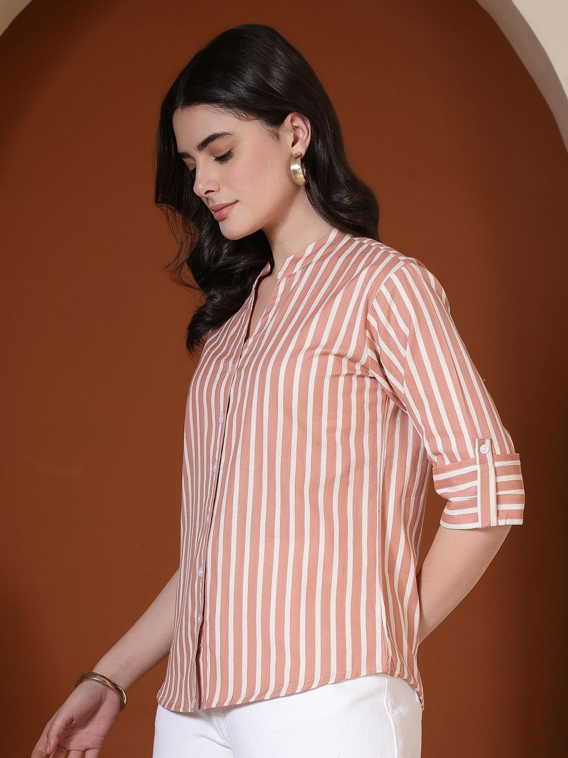 Image of FebQ Women Regular Fit Striped Mandarin Collar Casual Shirt