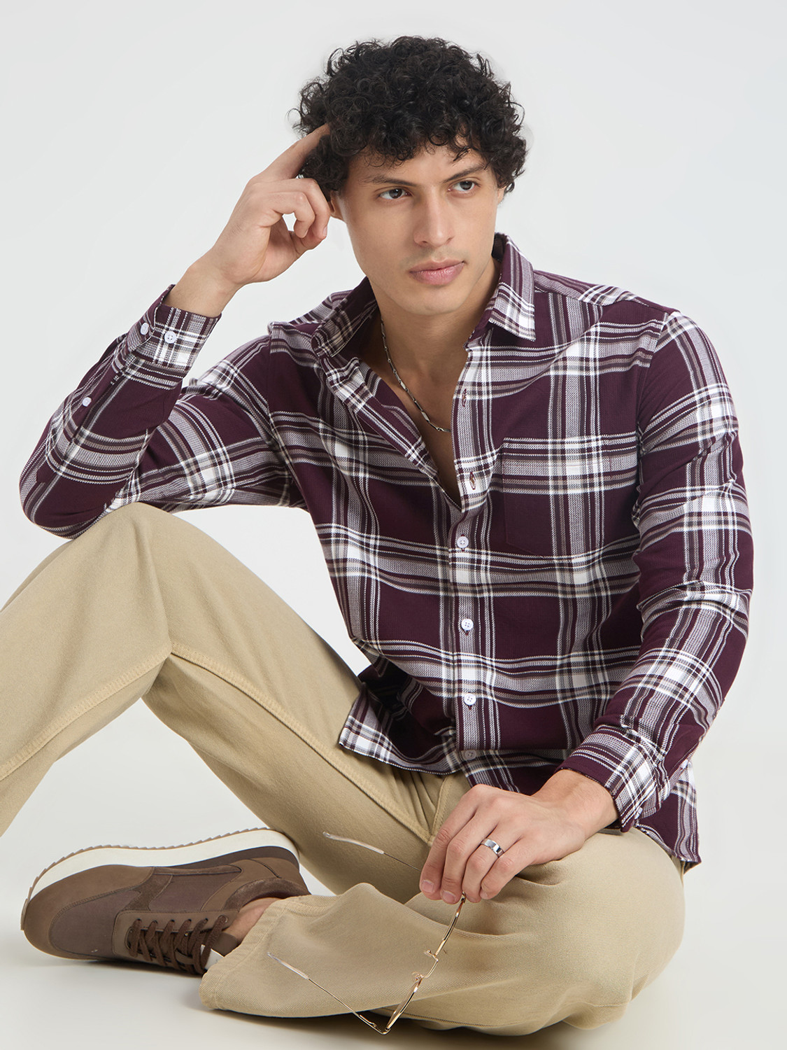 Image of VASTRADO Men Slim Fit Checkered Cut Away Collar Casual Shirt