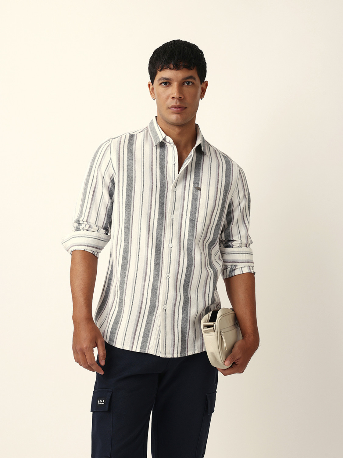 Image of THE BEAR HOUSE Men Striped Casual White Shirt