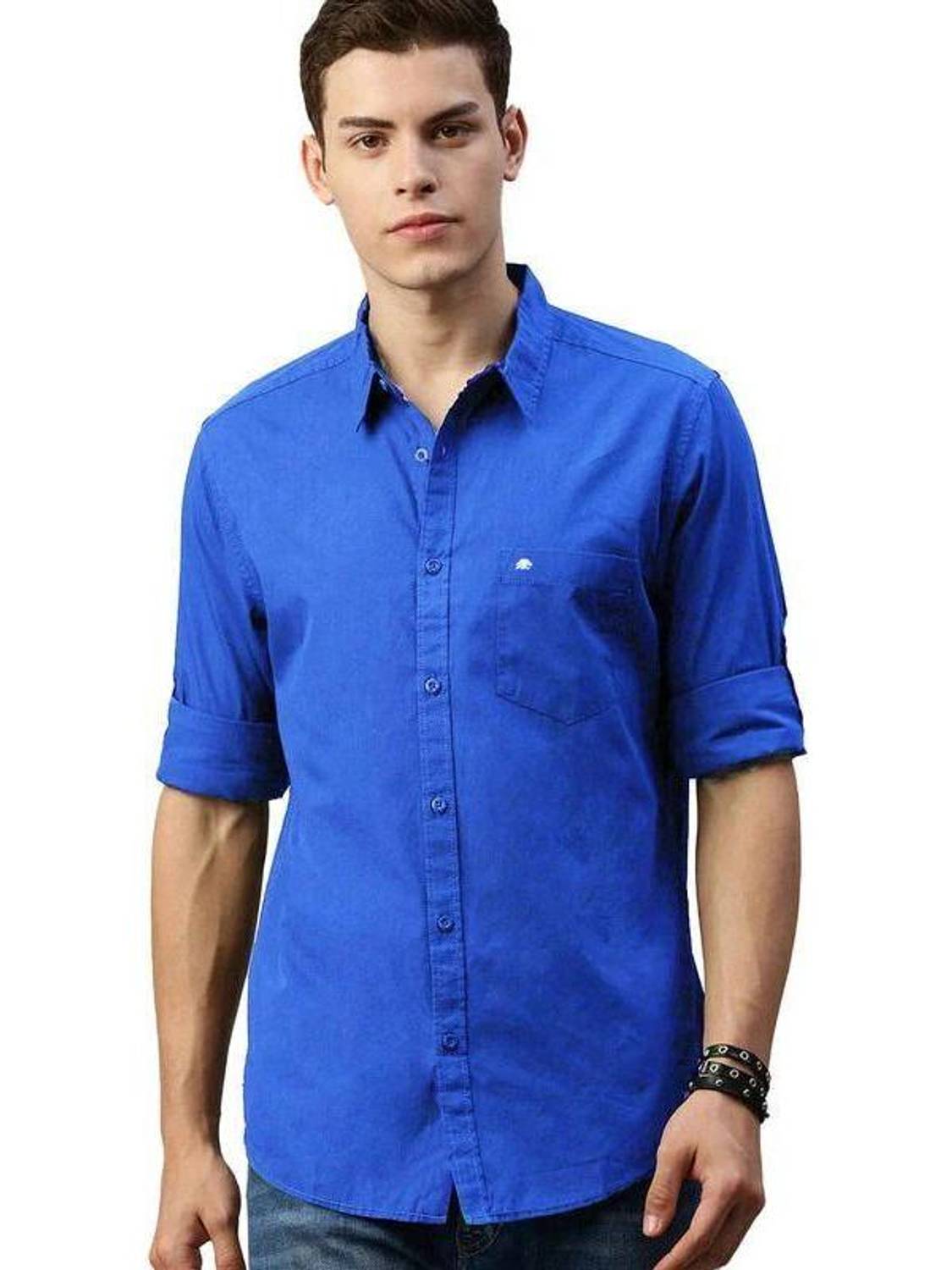 BRUCEWANE Men Solid Formal Blue Shirt