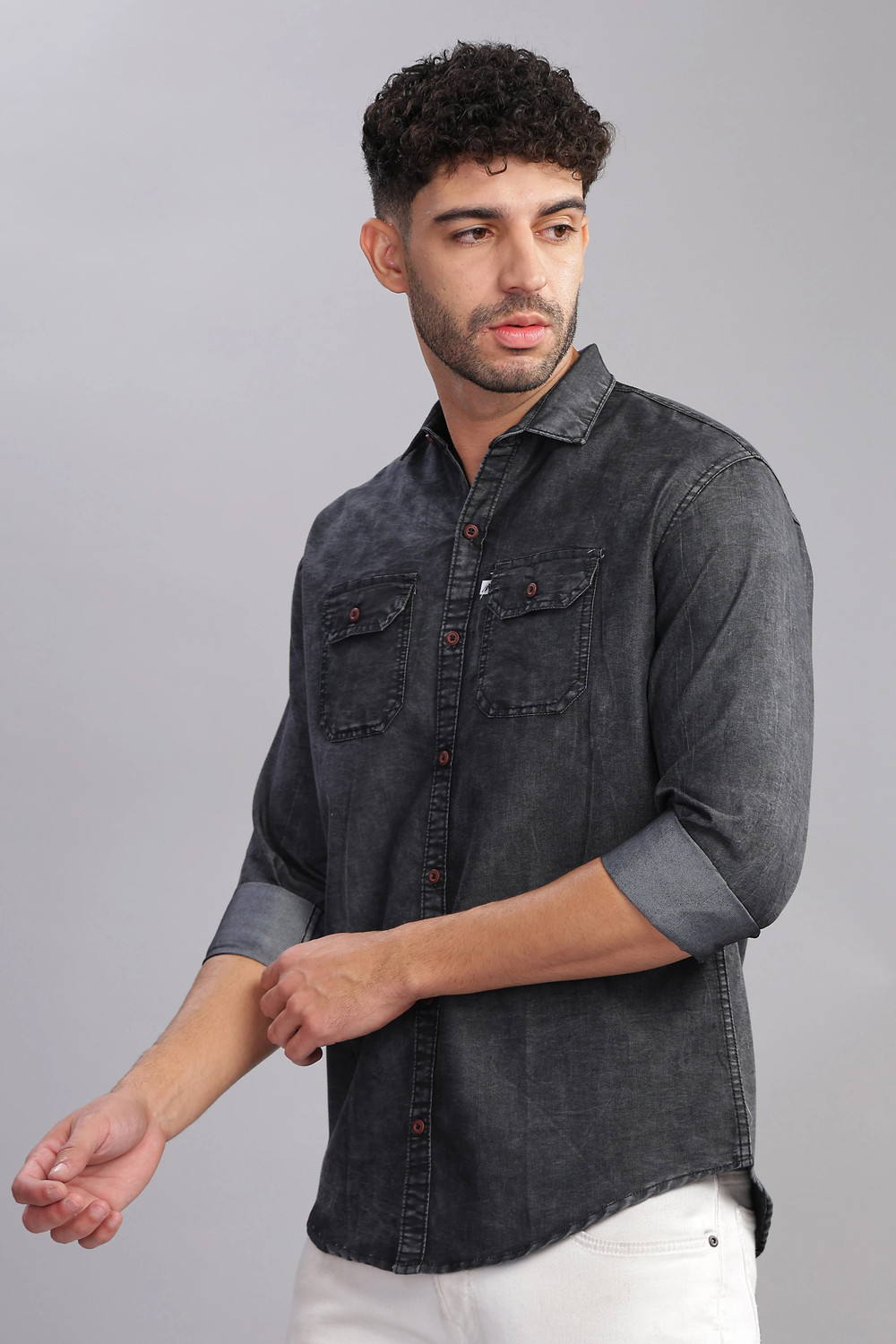 Image of AIDAN PAUL Men Washed Casual Grey Shirt