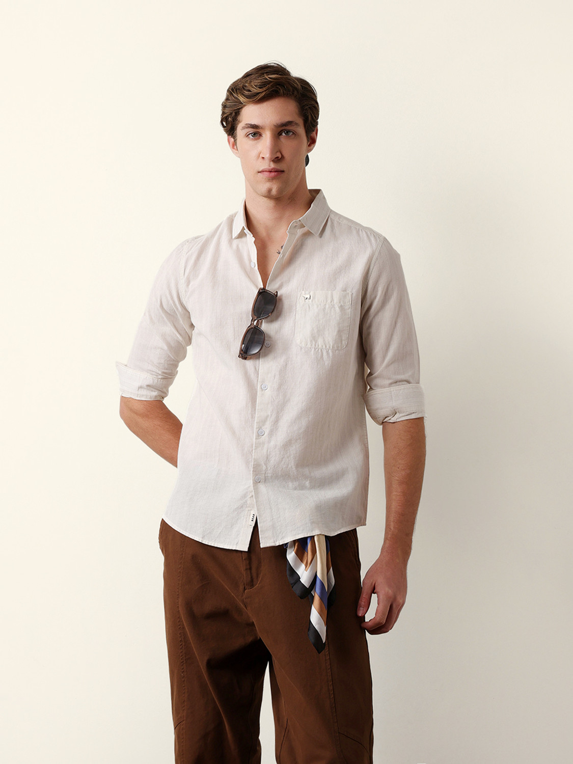 Image of THE BEAR HOUSE Men Striped Casual Beige Shirt