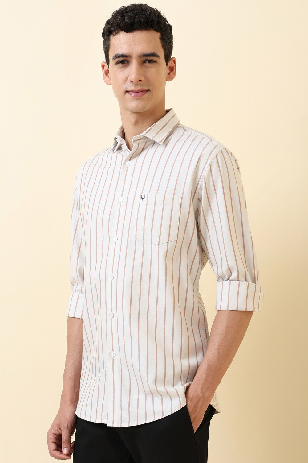 Image of Allen Solly Men Striped Casual Beige Shirt