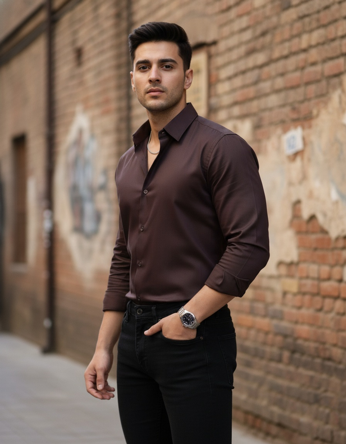Image of RICH STAG Men Solid Casual Brown Shirt