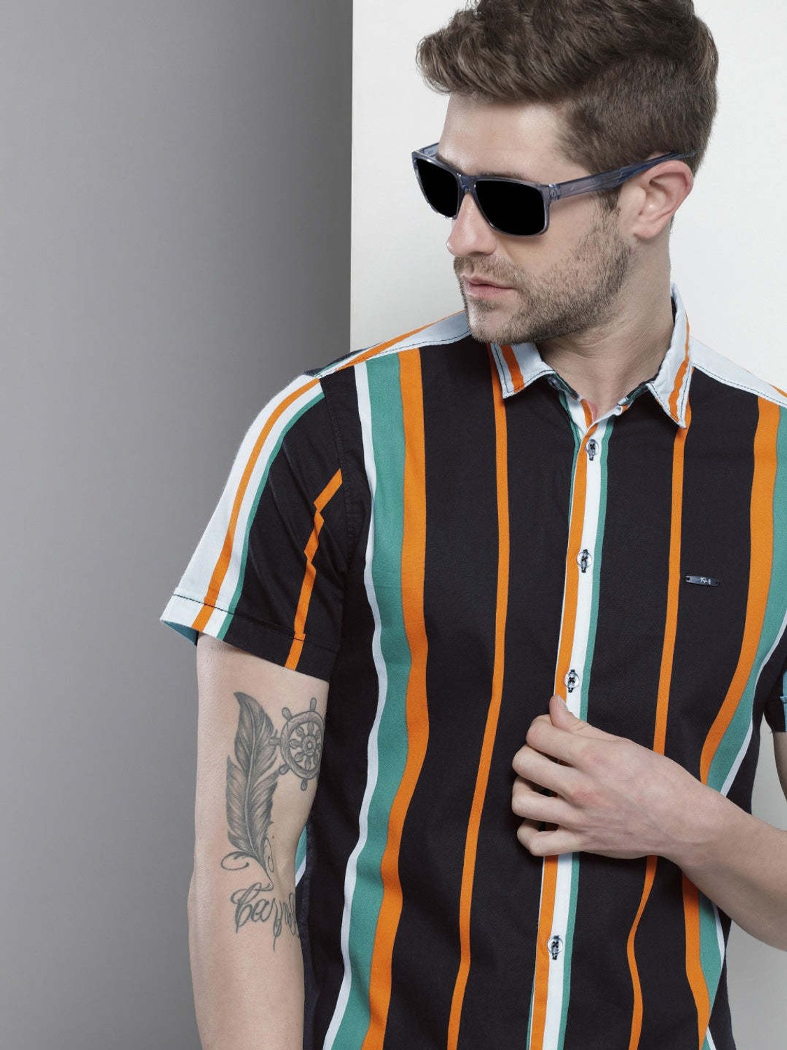Image of The Indian Garage Co. Men Striped Beach Wear Black Shirt