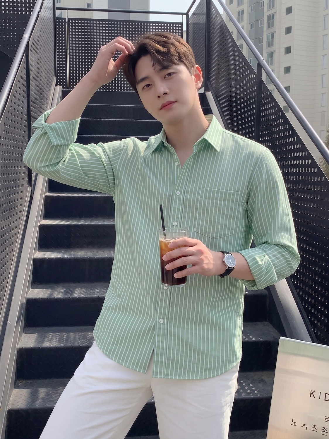 Image of indossare Men Striped Casual Light Green Shirt