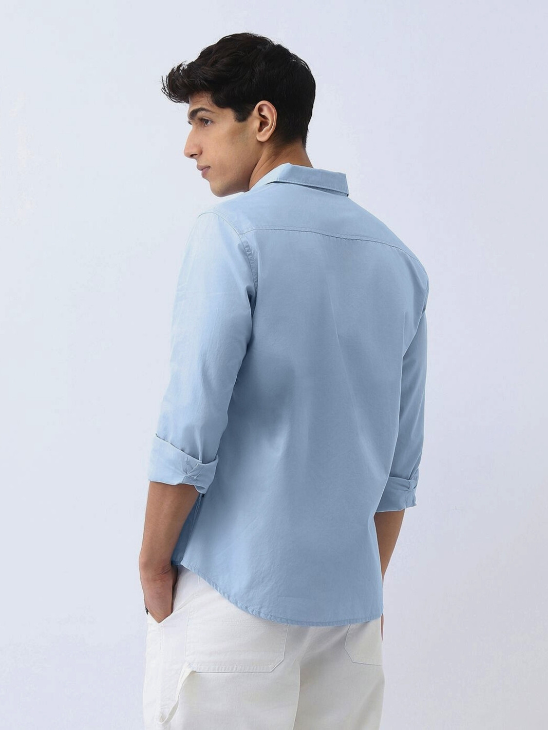 Image of URBANICE Men Solid Casual Light Blue Shirt