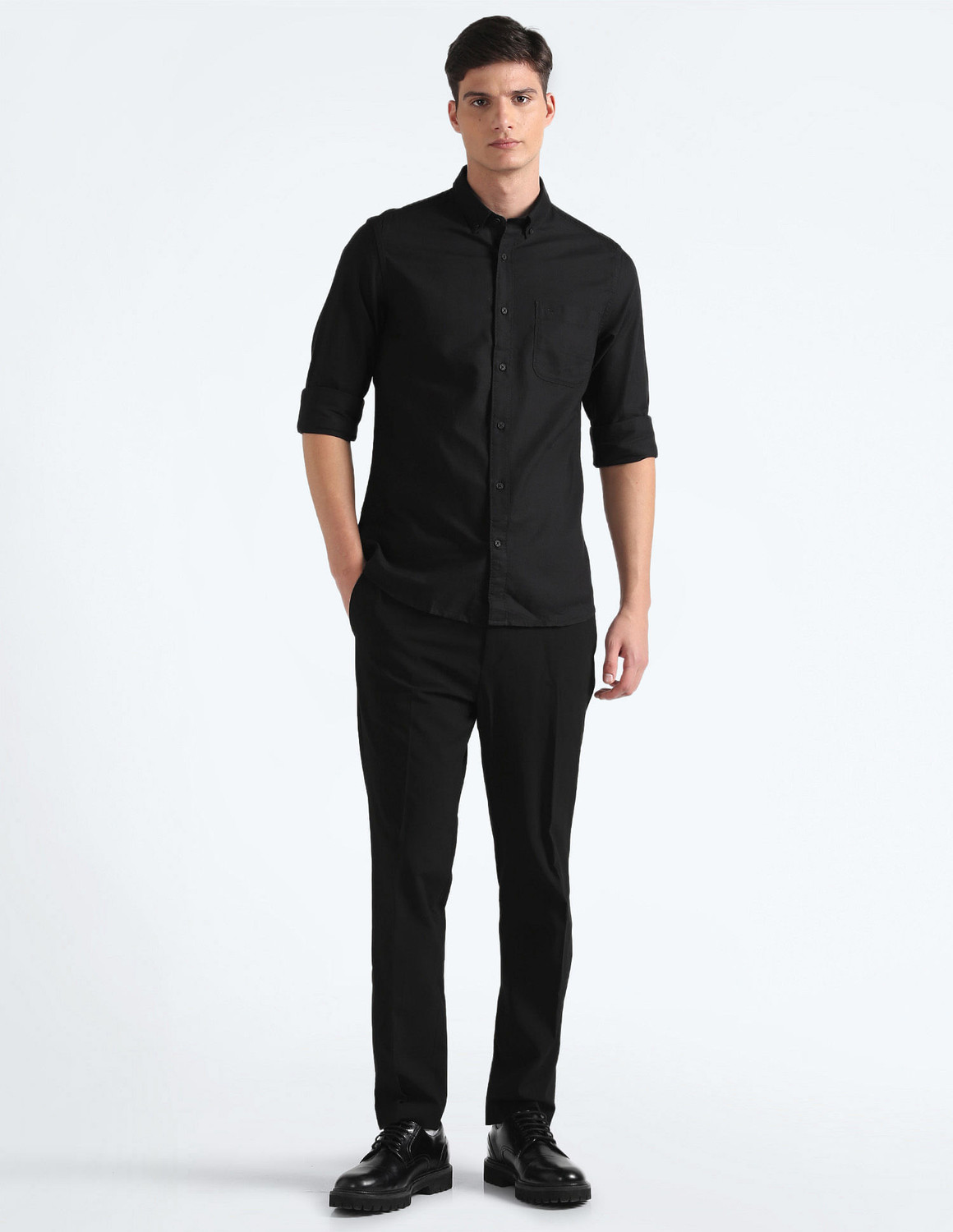 Image of FLYING MACHINE Men Solid Casual Black Shirt