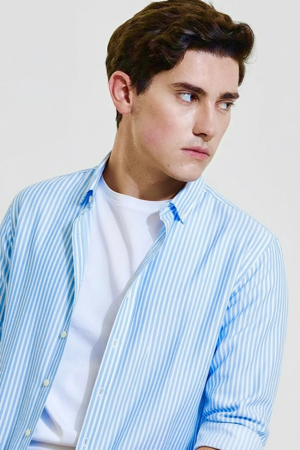 Image of SEIGE Men Striped Casual Light Blue, White Shirt