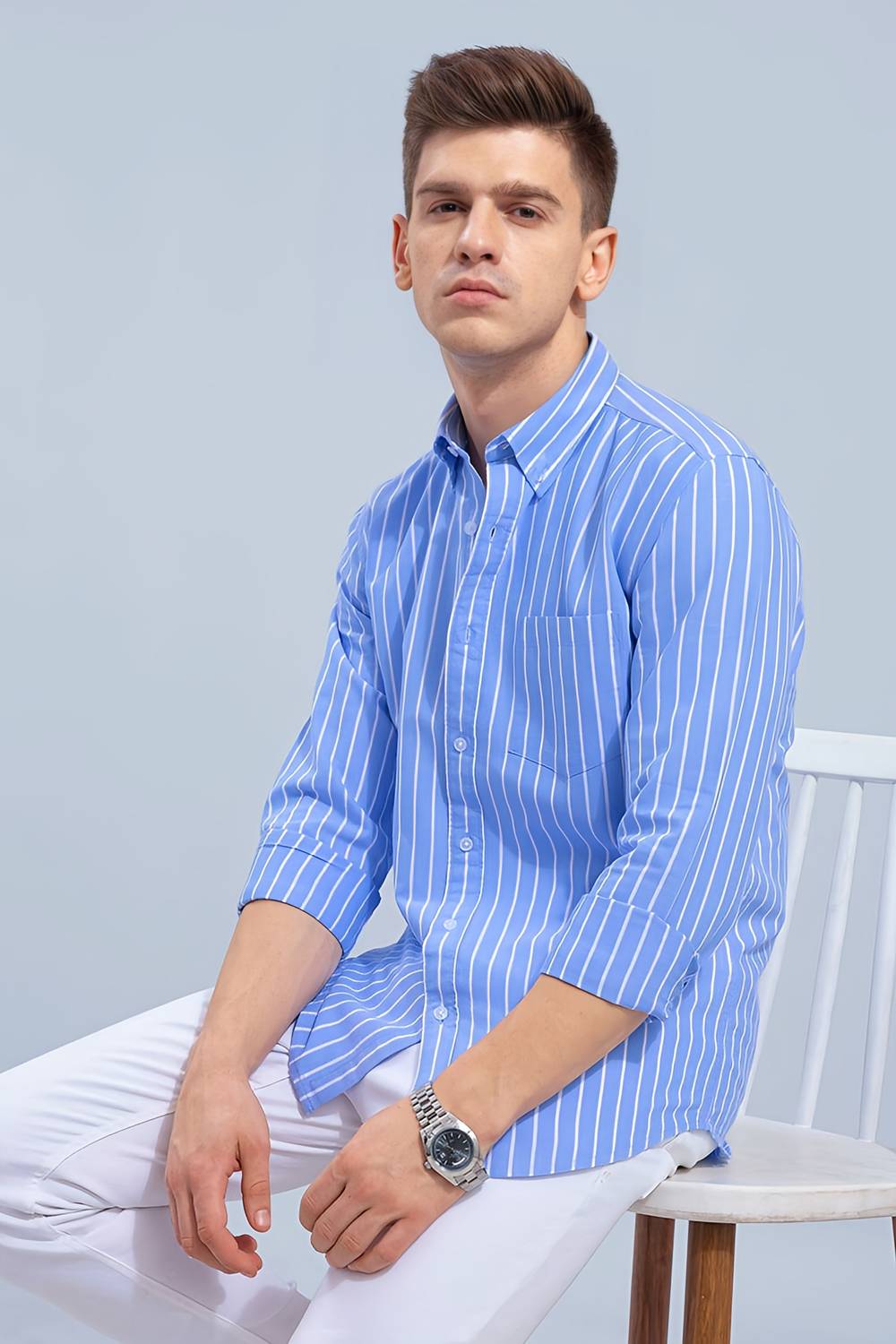 HKV Men Striped Casual Blue, White Shirt - Image 3