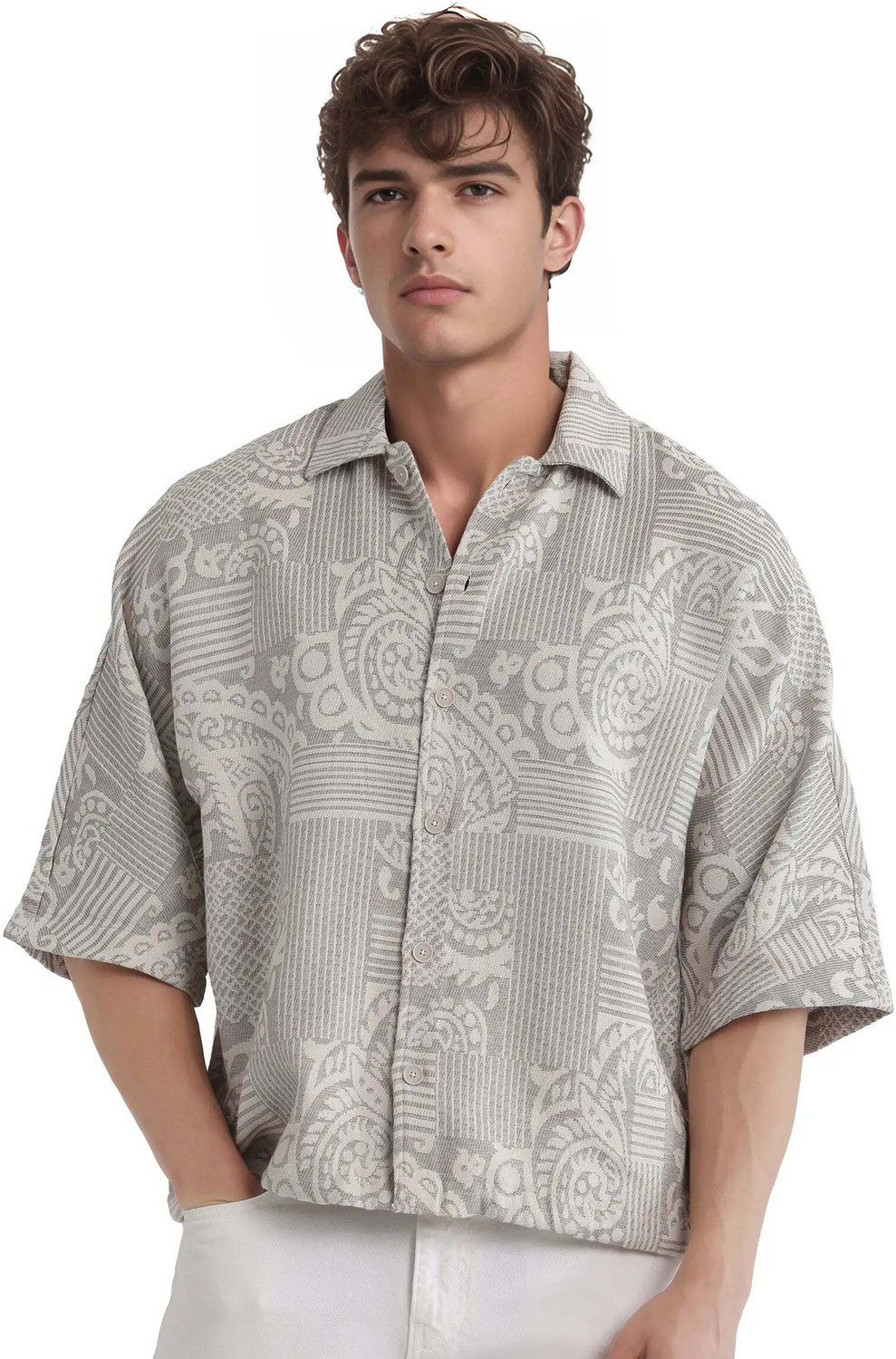 Image of RARE RABBIT Men Printed Casual Grey Shirt