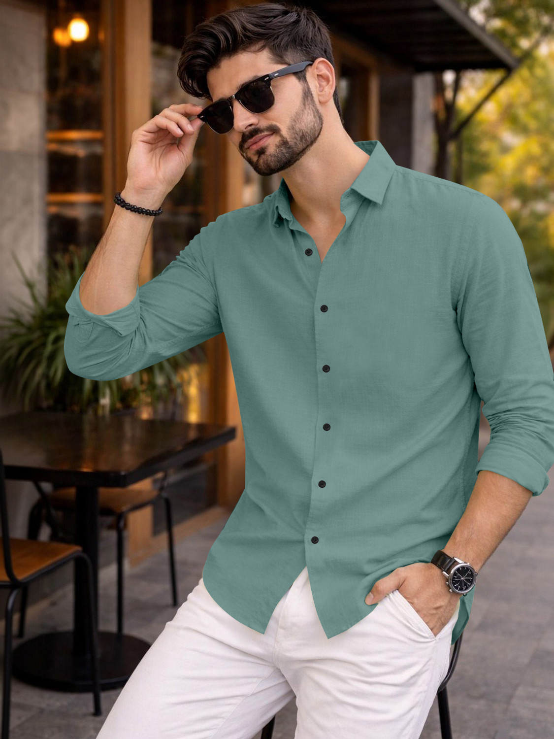 Image of Mameru Men Regular Fit Solid Cut Away Collar Casual Shirt