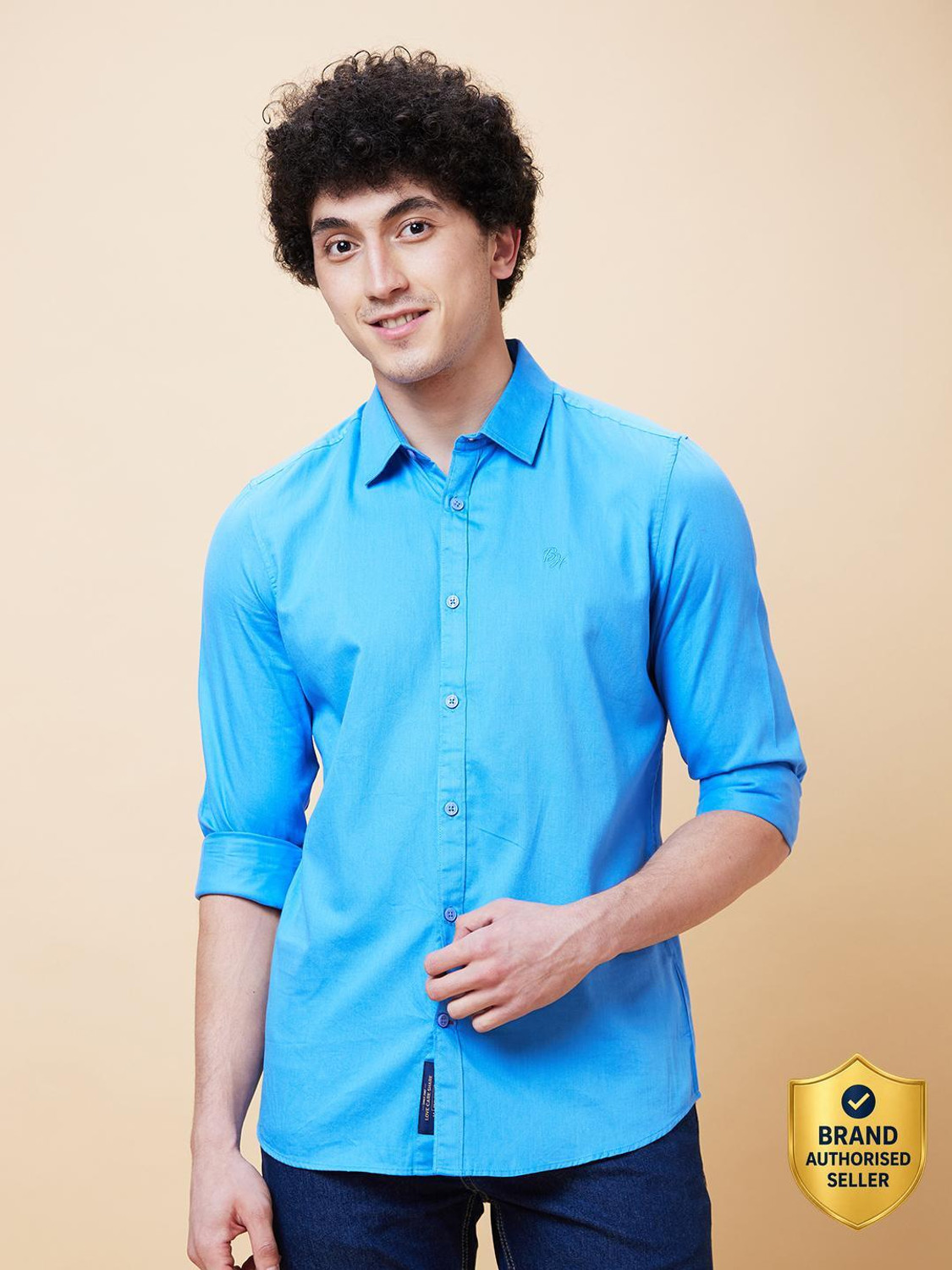 Image of BEING HUMAN Men Solid Casual Blue Shirt