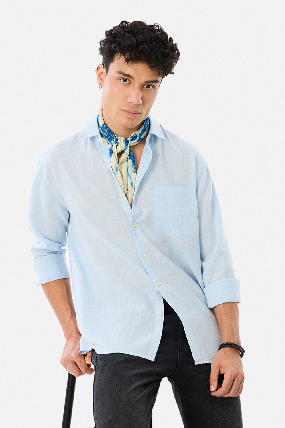 Image of Snitch Men Solid Casual Light Blue Shirt