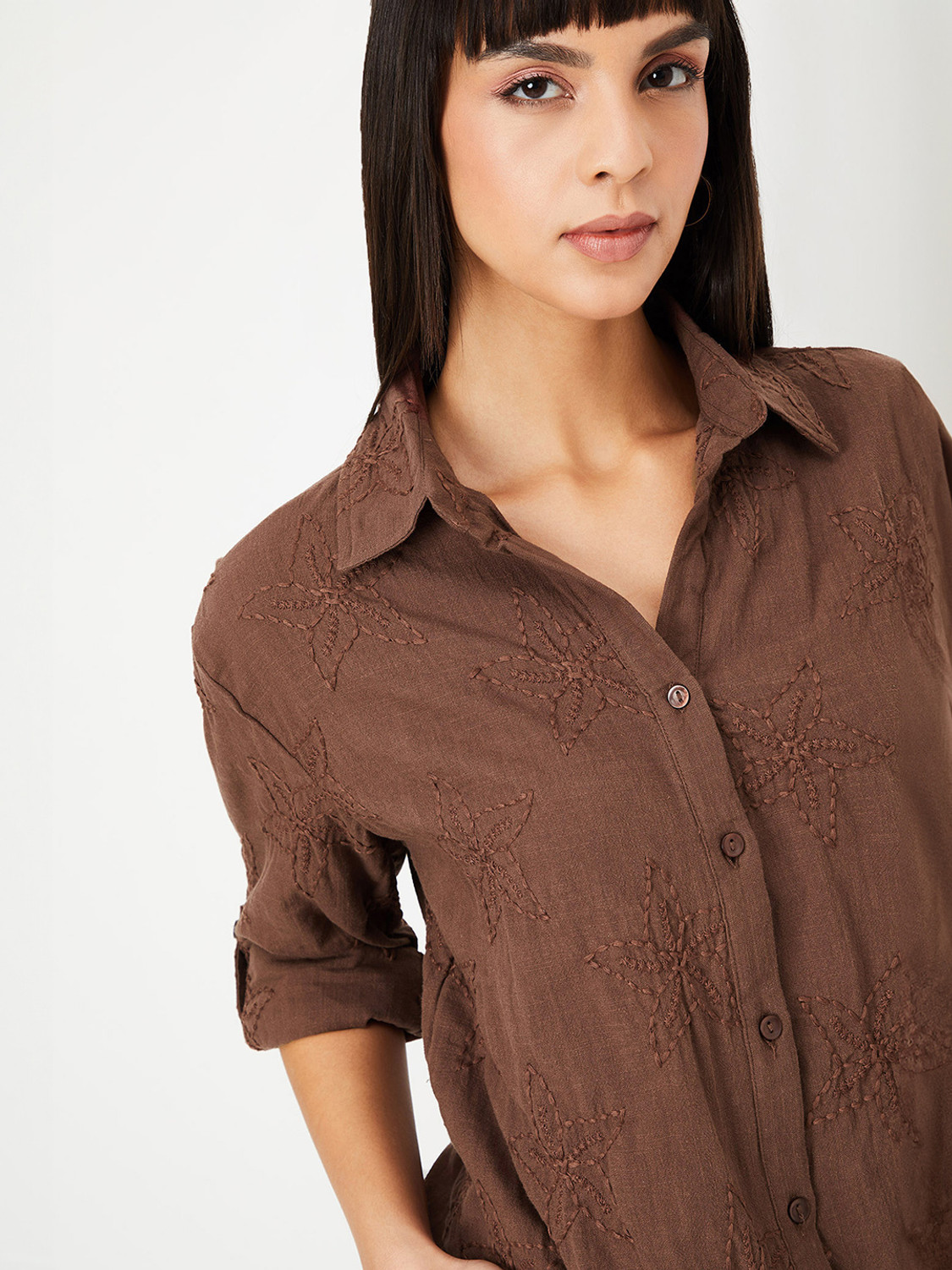 Image of MAX Women Embroidered Casual Brown Shirt