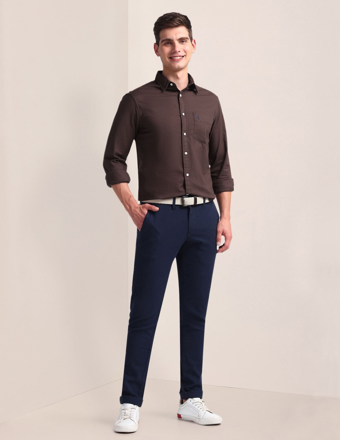 Image of U.S. POLO ASSN. Men Solid Casual Brown Shirt