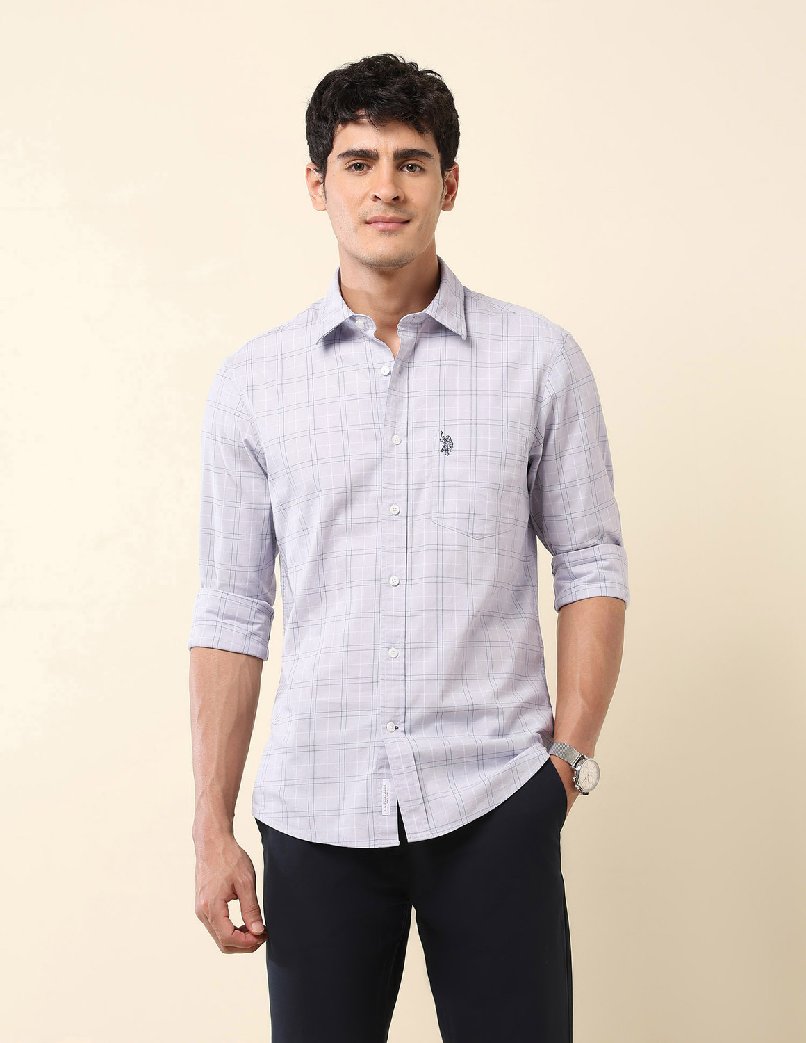 Image of U.S. POLO ASSN. Men Checkered Casual Grey Shirt
