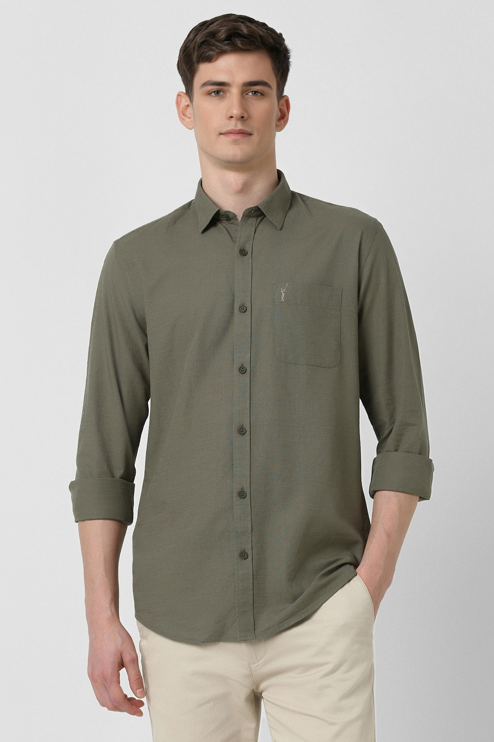 Image of PETER ENGLAND Men Self Design Casual Green Shirt
