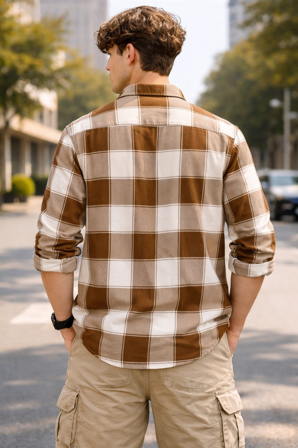 Image of FalconWear Men Checkered Casual Brown, White Shirt