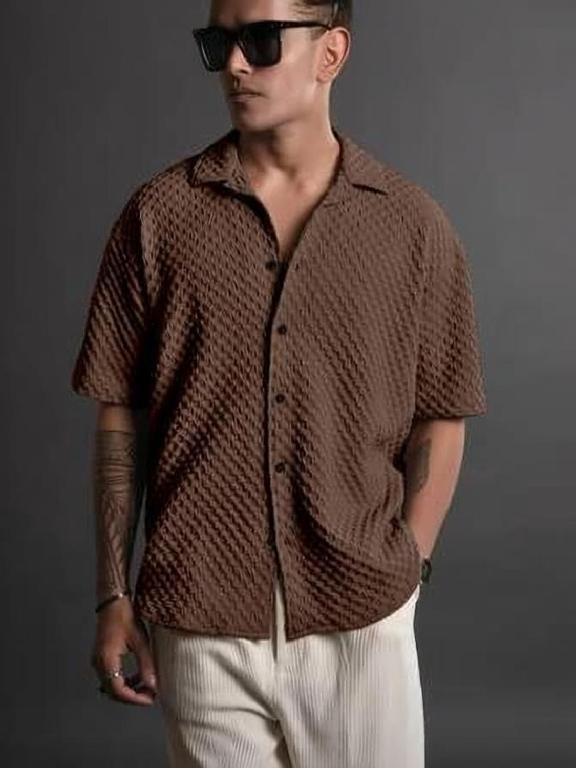 Image of Voroxy Men Self Design Casual Brown Shirt