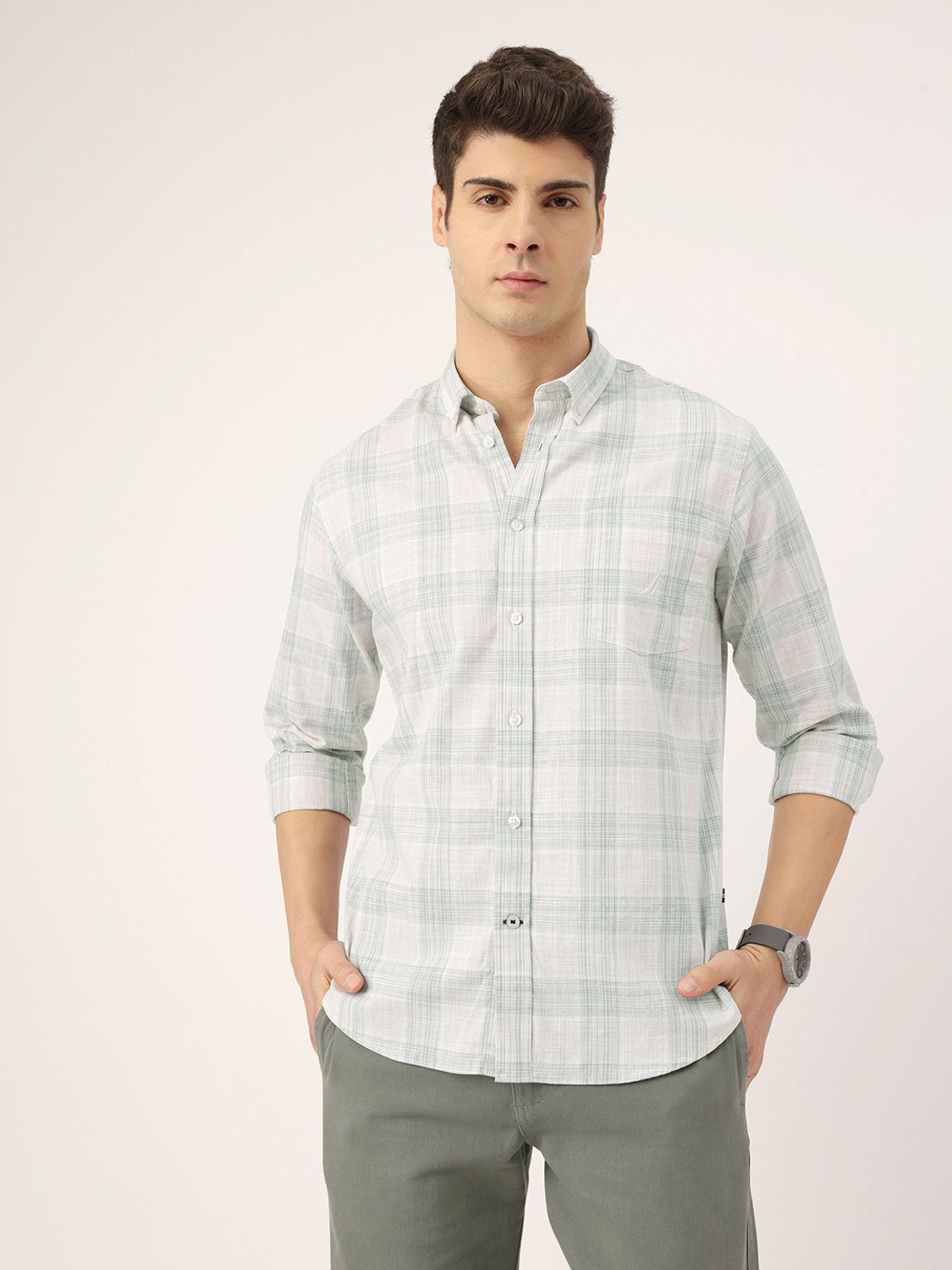 Image of NAUTICA Men Checkered Casual White Shirt