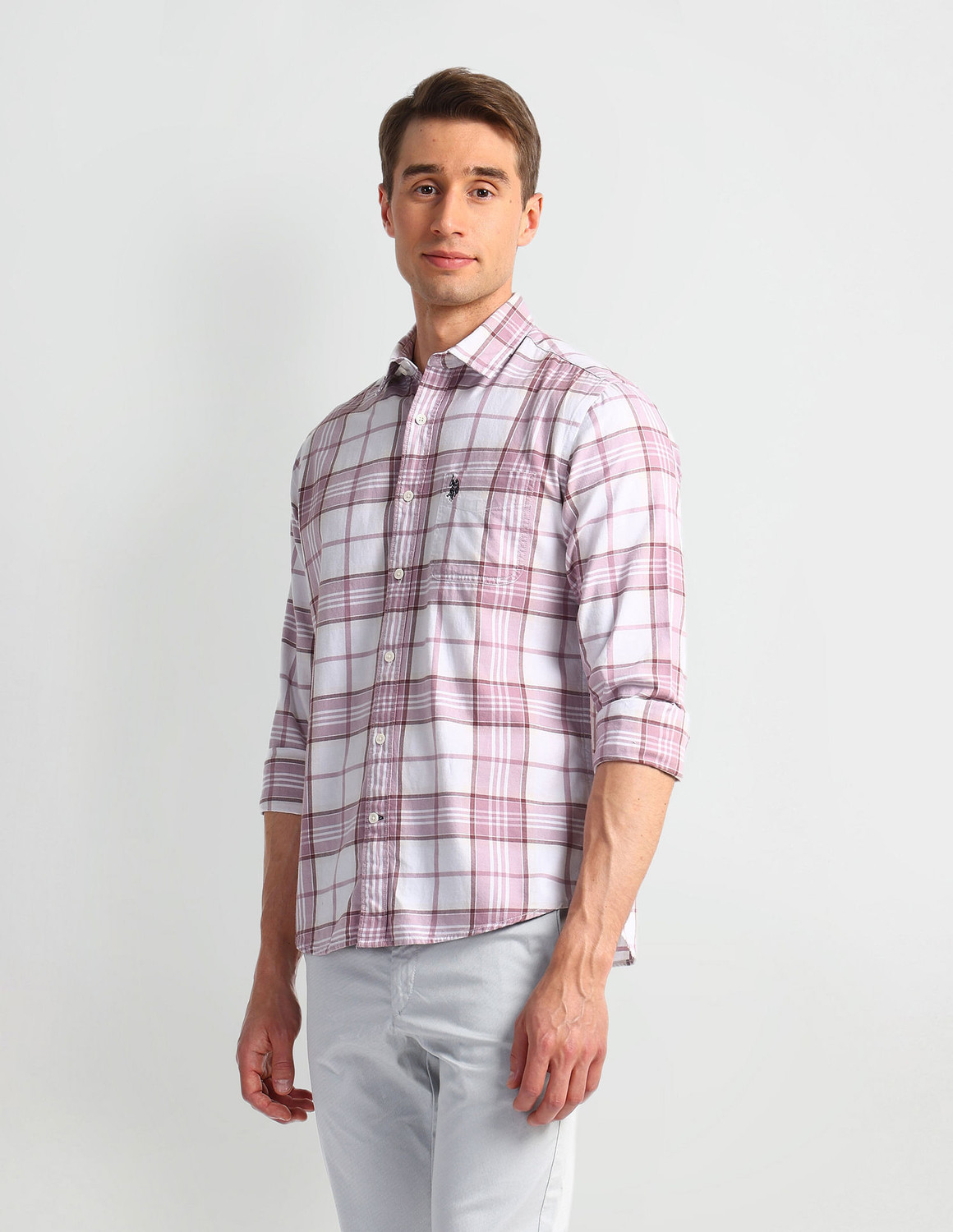 Image of U.S. POLO ASSN. Men Checkered Casual Pink Shirt