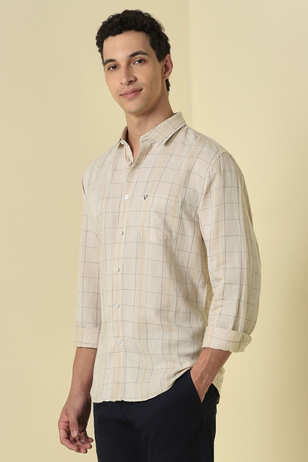 Image of Allen Solly Men Checkered Casual Beige Shirt